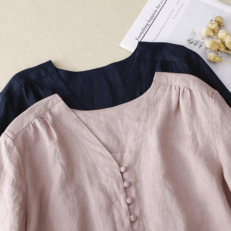 Women's V-Neck Blouse Linen Texture Beige