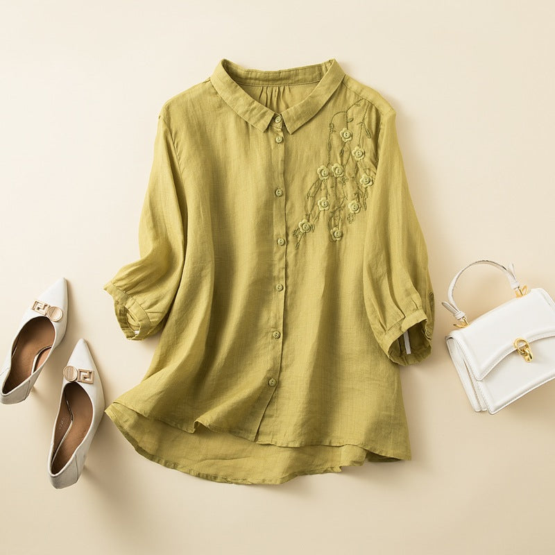 Women's Embroidered Linen Blouse Curved Hem