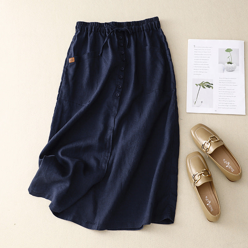Women's Linen Midi Skirt Button Front Pockets Beige