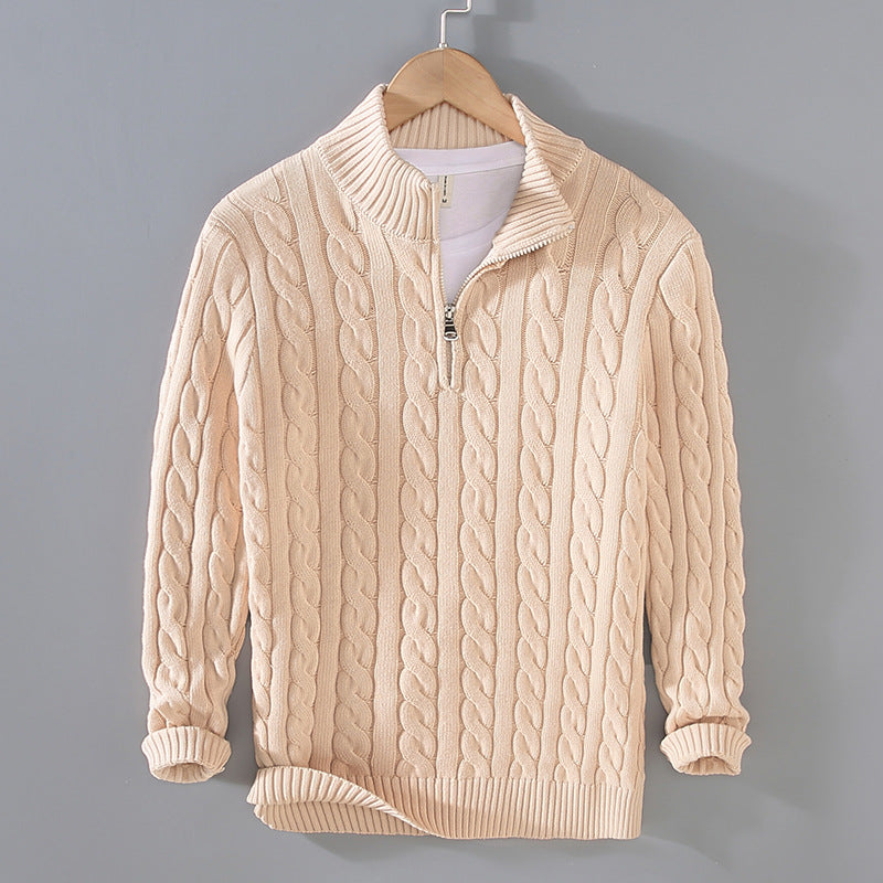 Men's Cable Knit Jumper Half-Zip Textured Cream