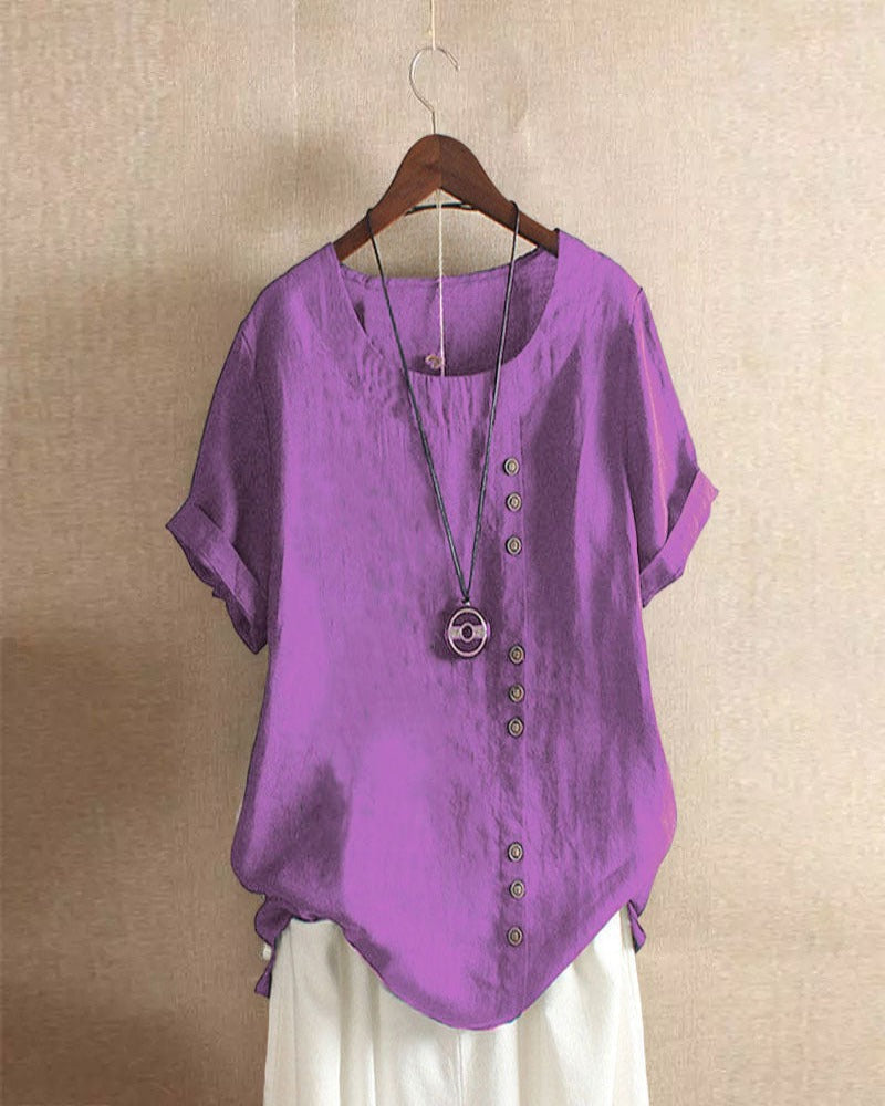 Women's Short Sleeve Blouse Cotton Button Front Rolled Cuffs
