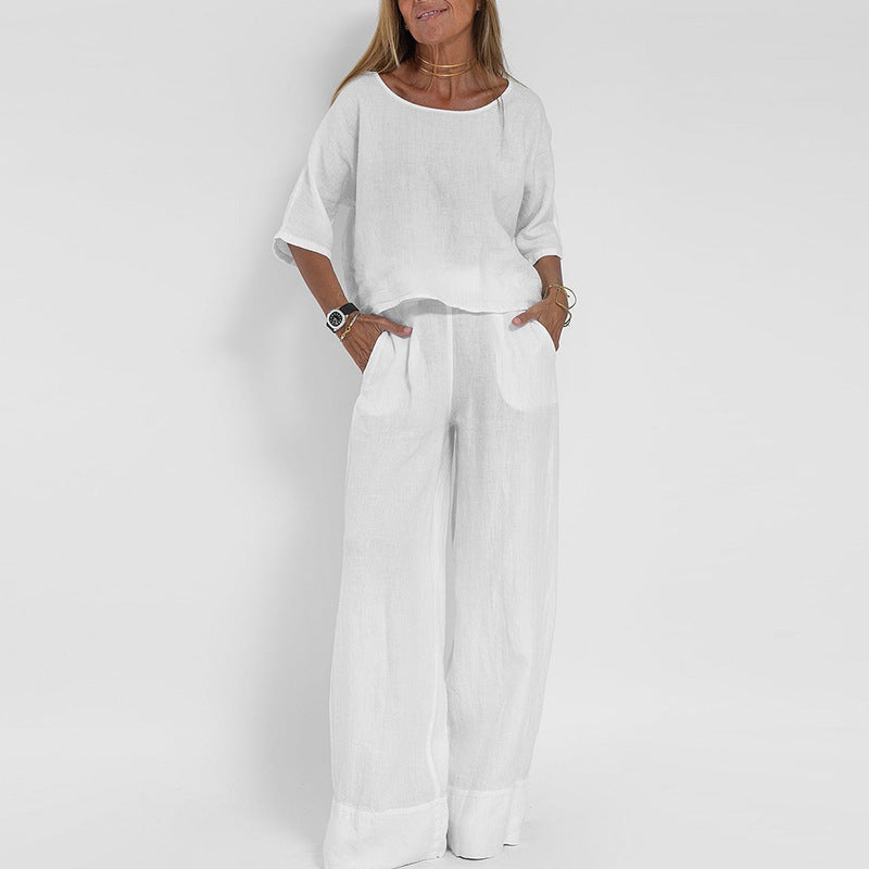 Women's Short Sleeve And Wide Leg Pants Set