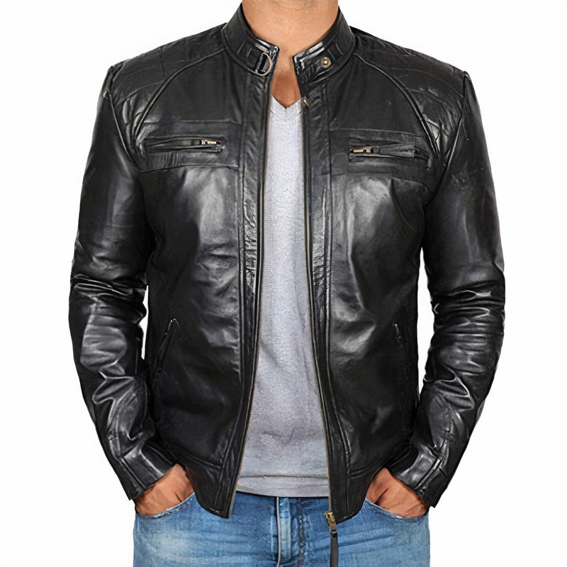 Men's Motorcycle Jacket Zipper Pockets Leather Black