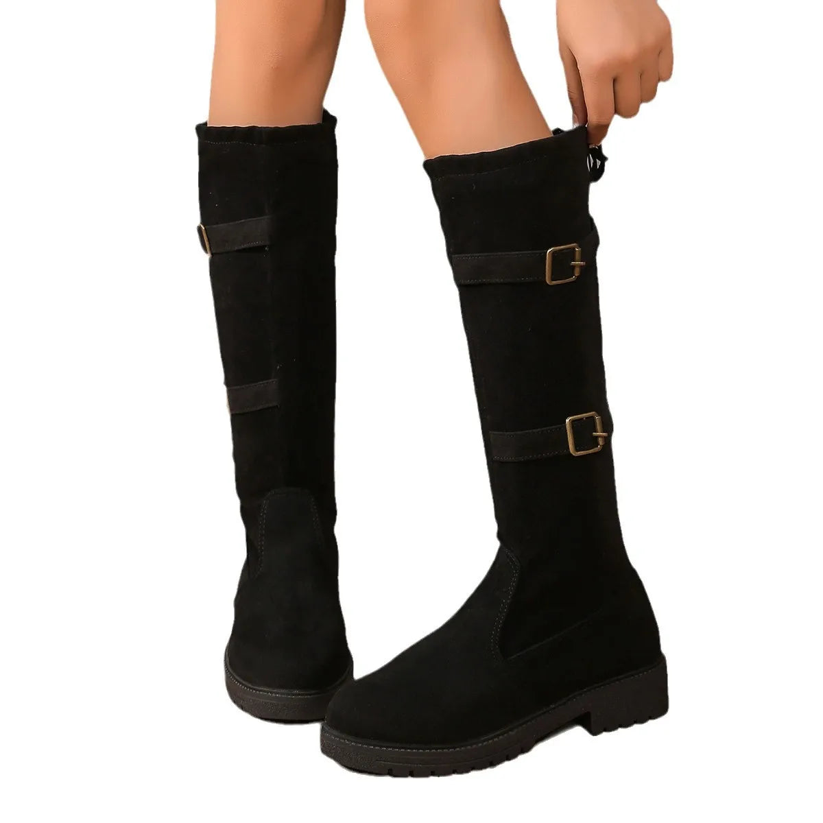 Women's Knee High Boots Black Low Heel Leather