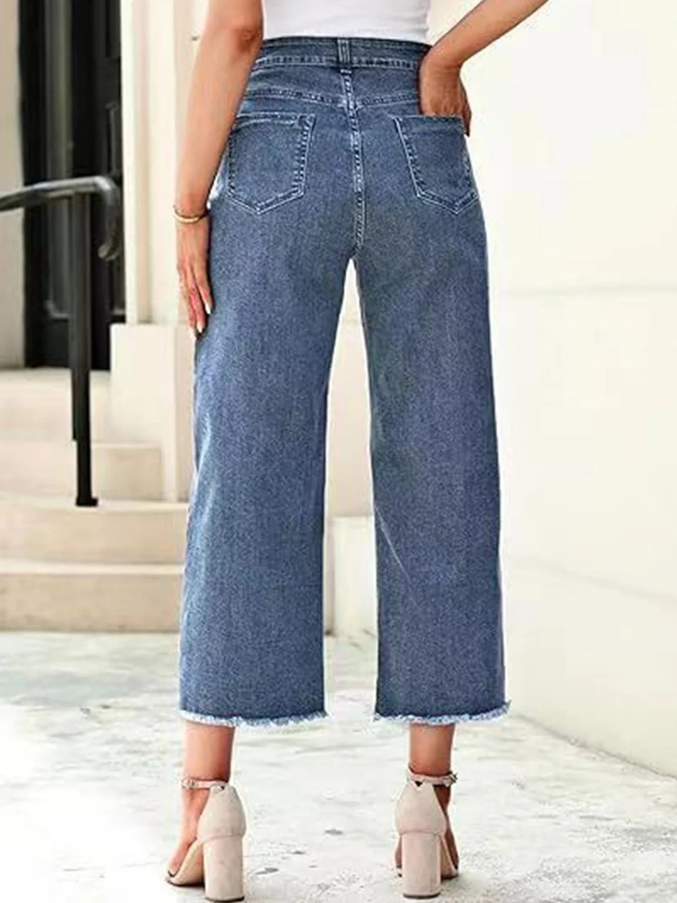Women's High Waist Wide Leg Jeans 3/4 Length Straight