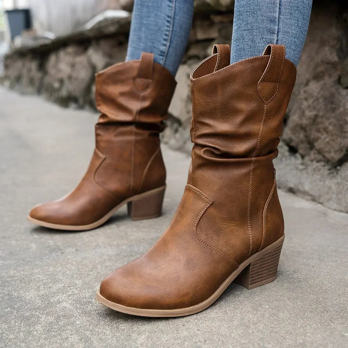 Women's Slouchy Block Heel Mid Calf Boots
