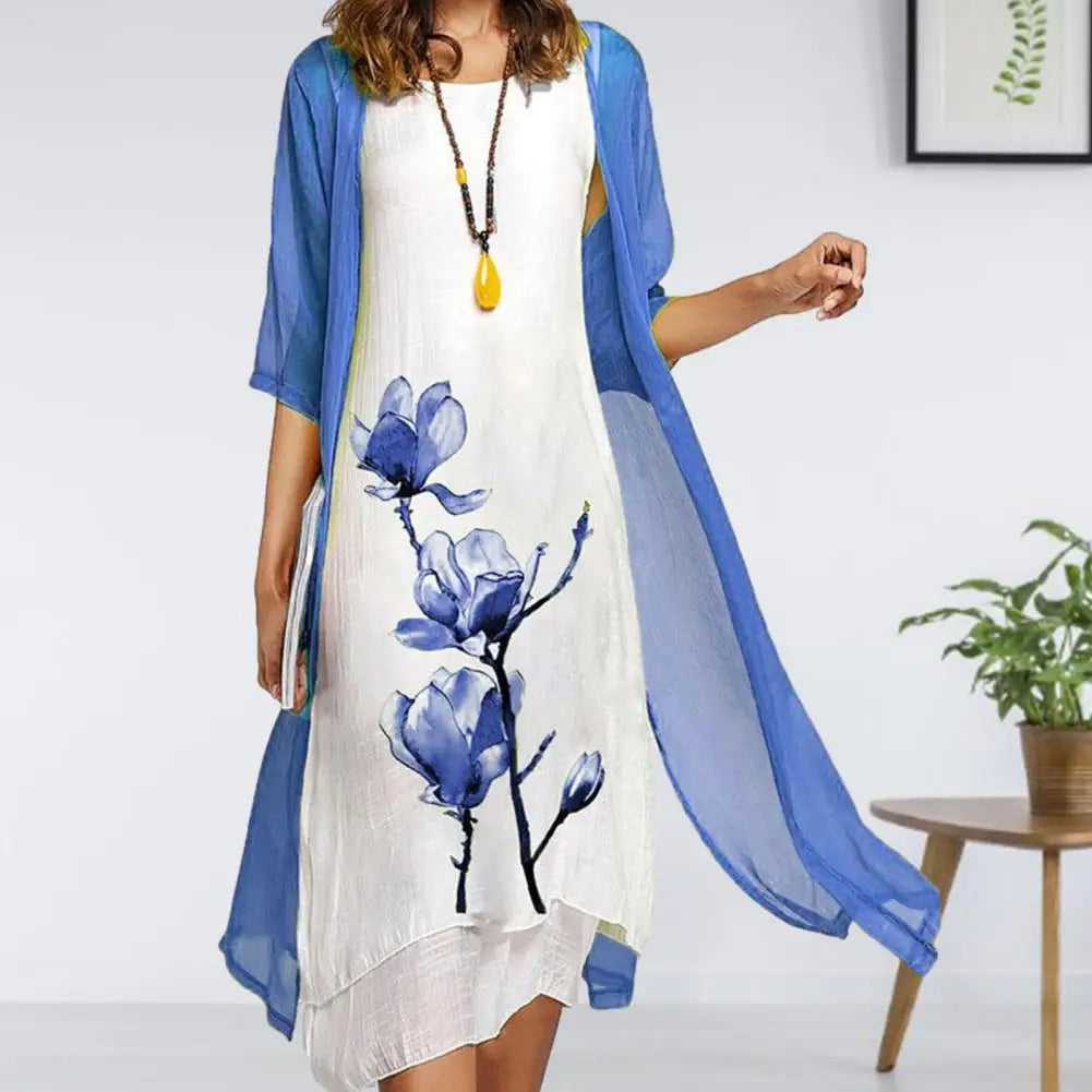 Women's Floral Print Dress Set Sheer Cardigan