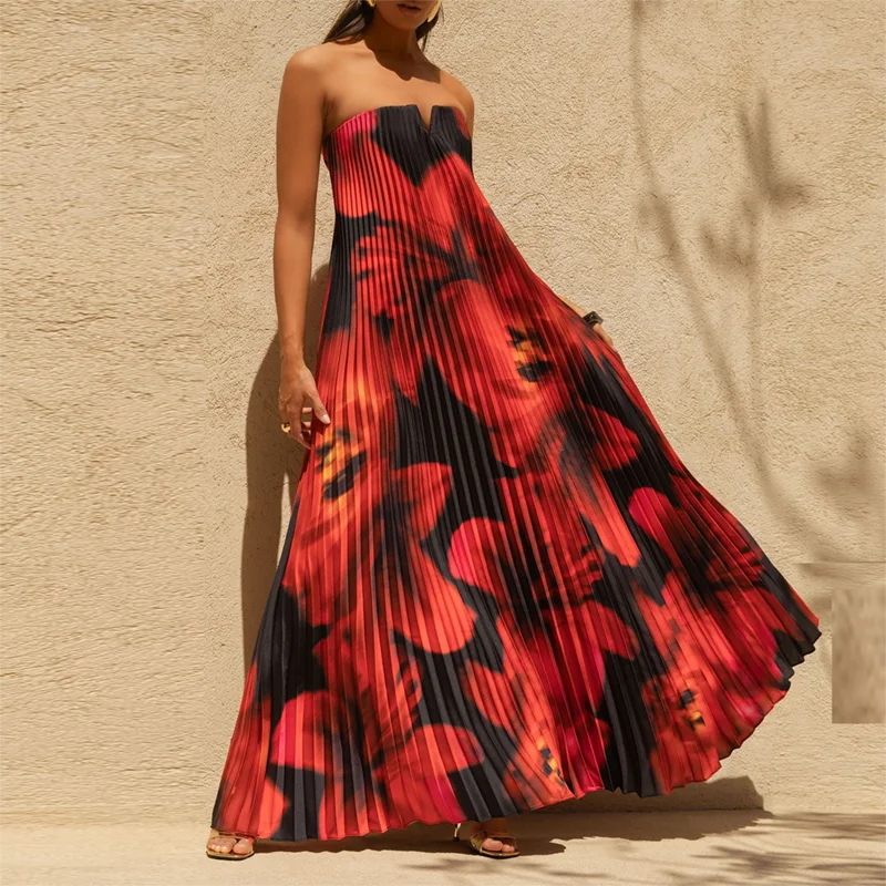 Women's Pleated Maxi Dress Floral Print