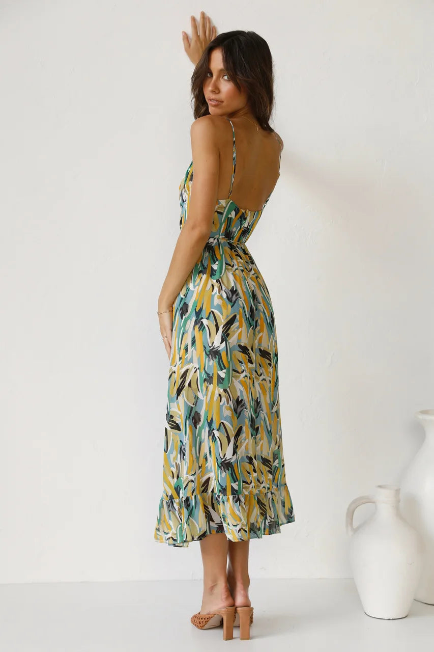 Women's Midi Dress Spaghetti Strap Abstract Print Ruffle Hem