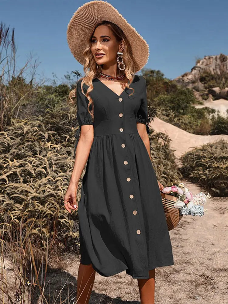Women's V-Neck Cotton Dress Lightweight Beige