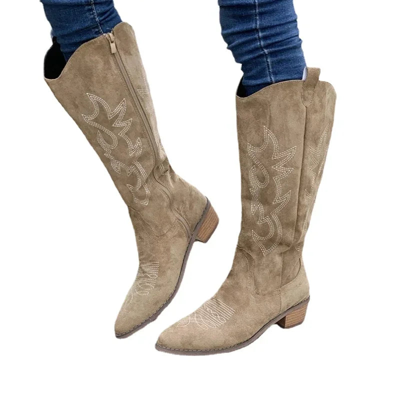 Women's Cowboy Boots Embroidered Brown Leather Chunky Heel