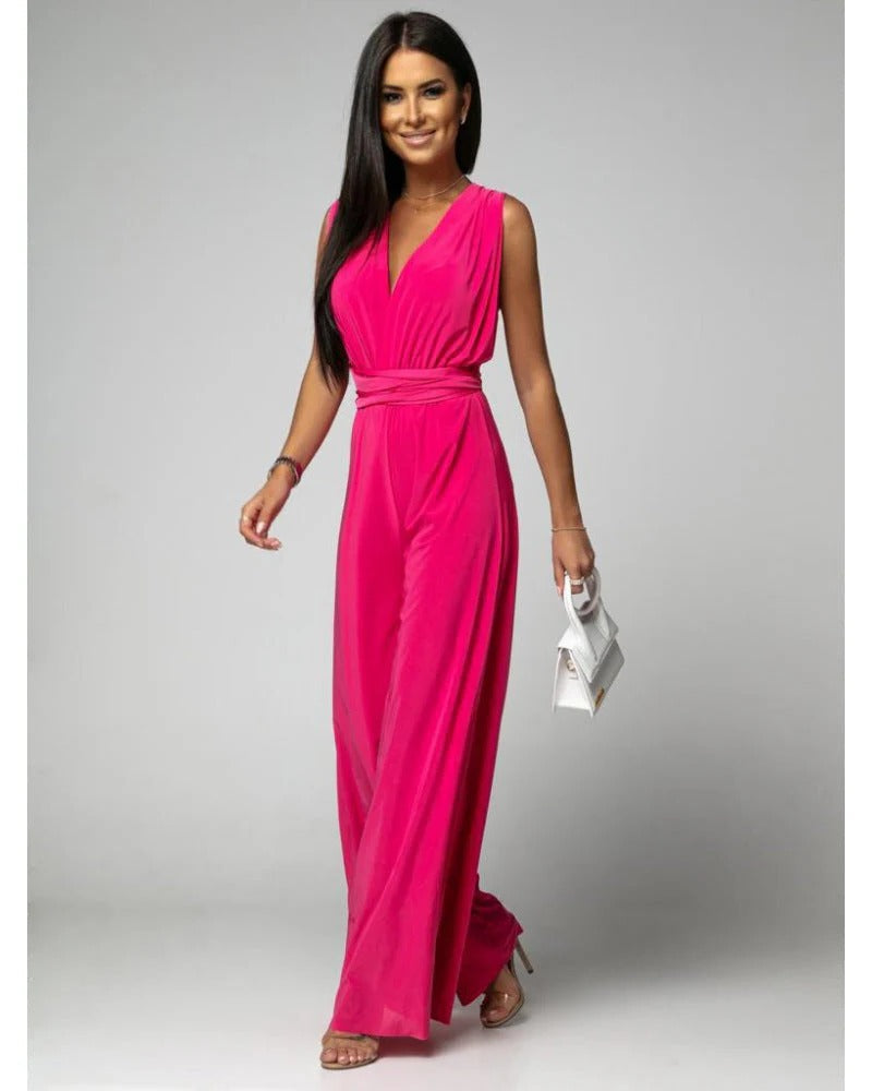 Women's Wide Leg Jumpsuit Deep V-Neck Blush Wrap Tie
