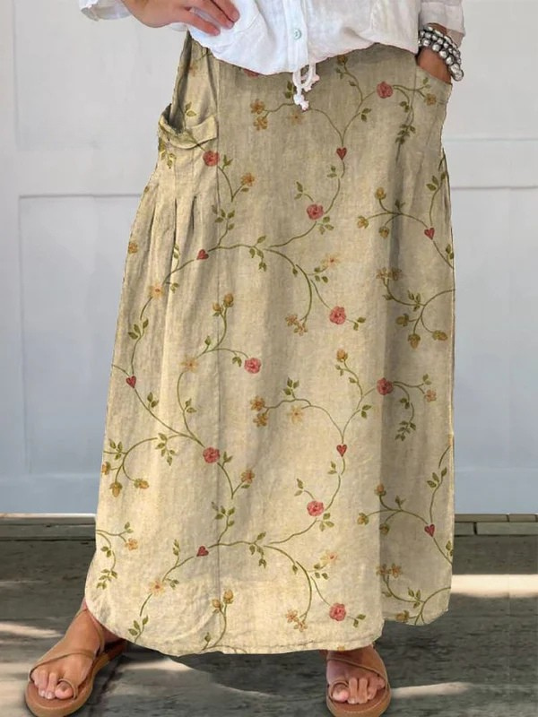 Women's Retro Floral Pocket Skirt Elastic Waistband - Fashinoza