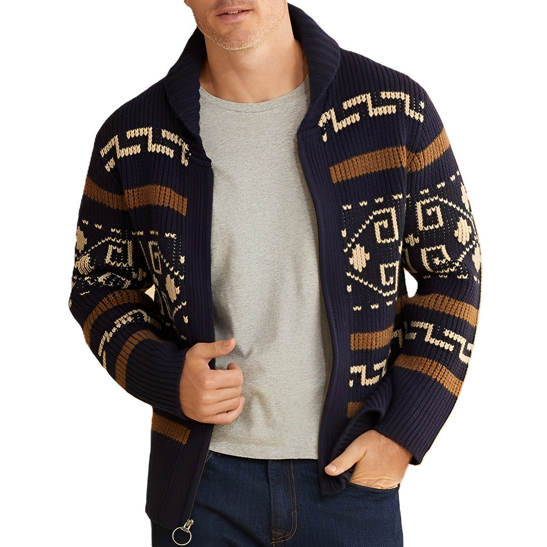 Men's Knit Cardigan Shawl Collar Zip-Up Tribal Patterned