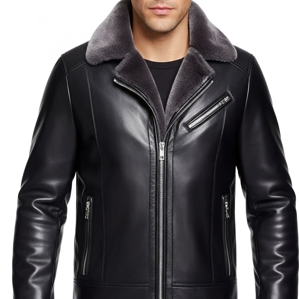 Men's Leather Motorcycle Jacket Fleece Lined Biker Coat Black