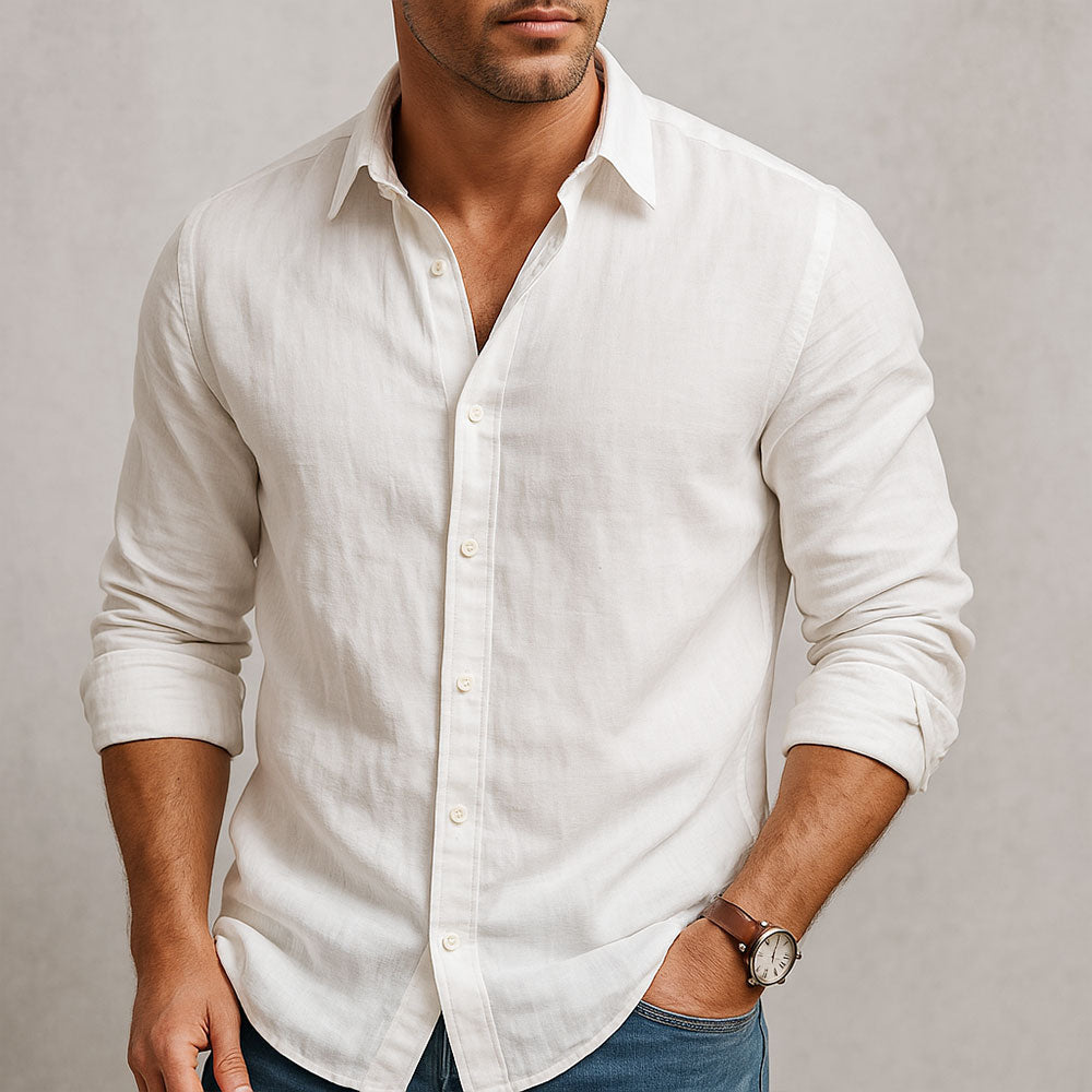 Men's Long Sleeve Button Shirt Cotton Spread Collar