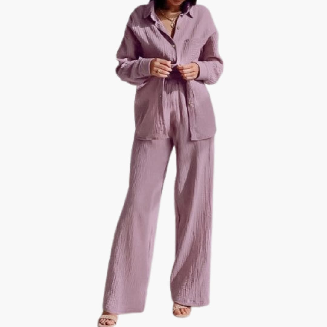 Women's Two-Piece Button-Down Shirt Wide Leg Pants Set