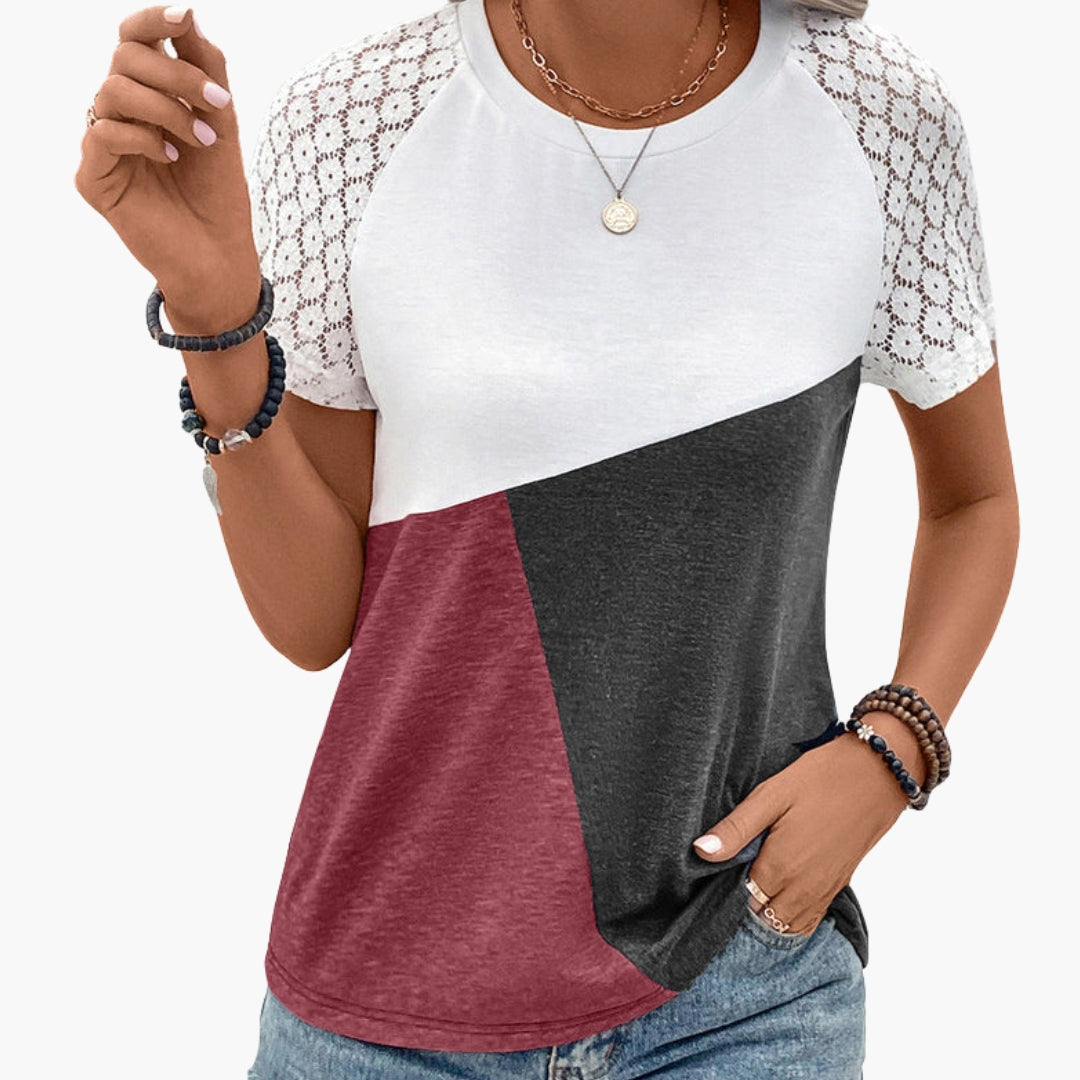 Women Color Block T-Shirt Lace Sleeves