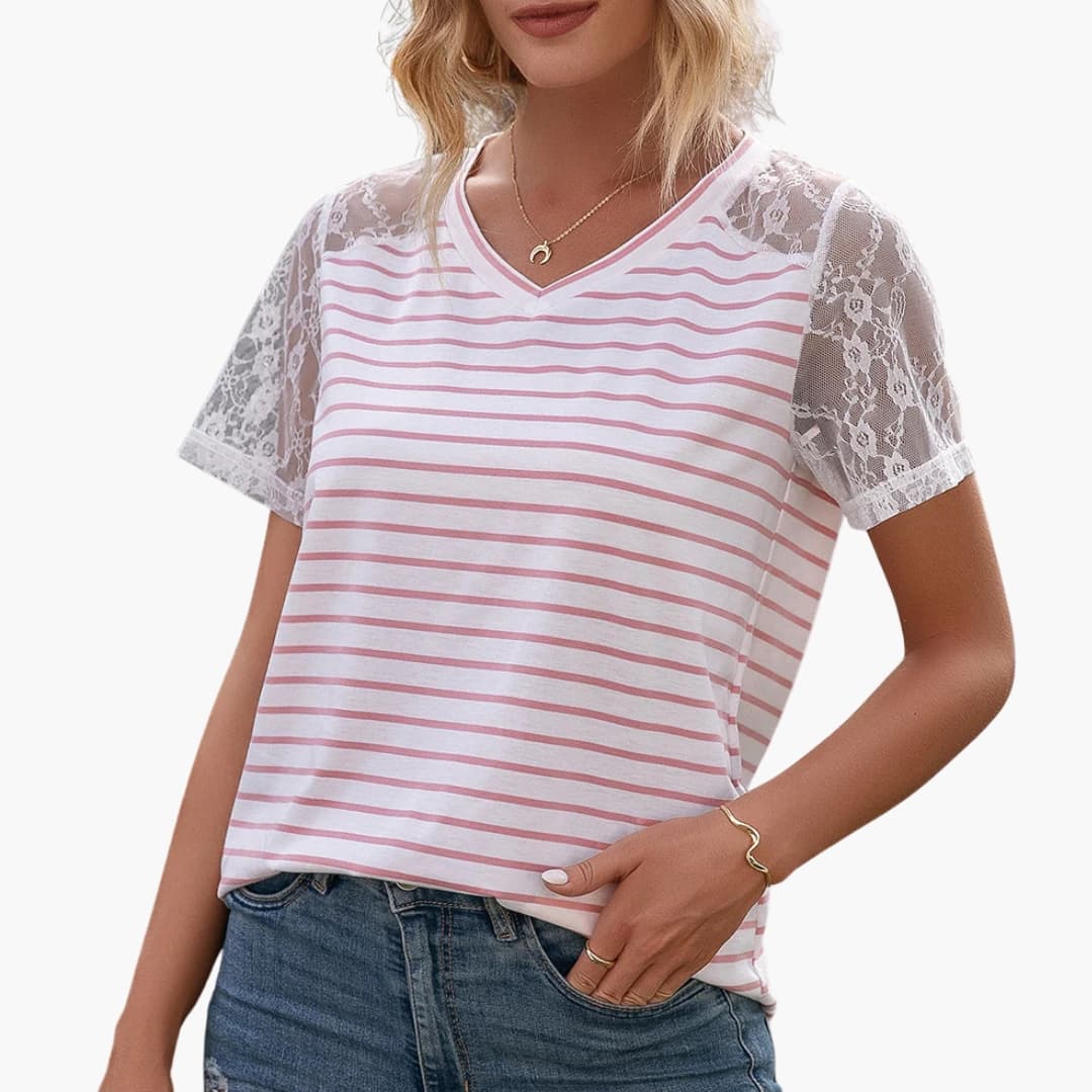 Women's Striped Crew Neck T-Shirt Lace Trim Short Sleeves