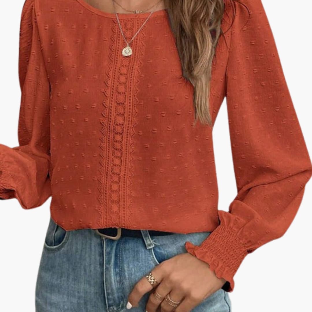 Women's Embroidered Long Sleeve Blouse Woven Loose Fit Beige