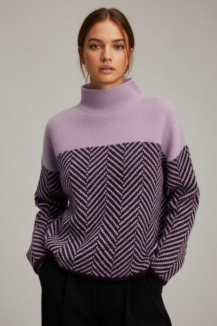 Women's Knit Sweater Two-Tone Stand Collar