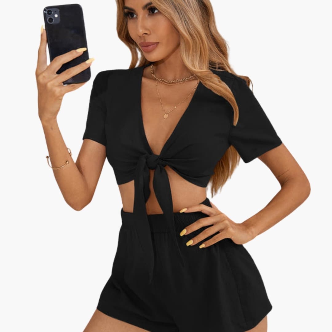 Women's V-Neck Knot Front Two-Piece And Shorts Set