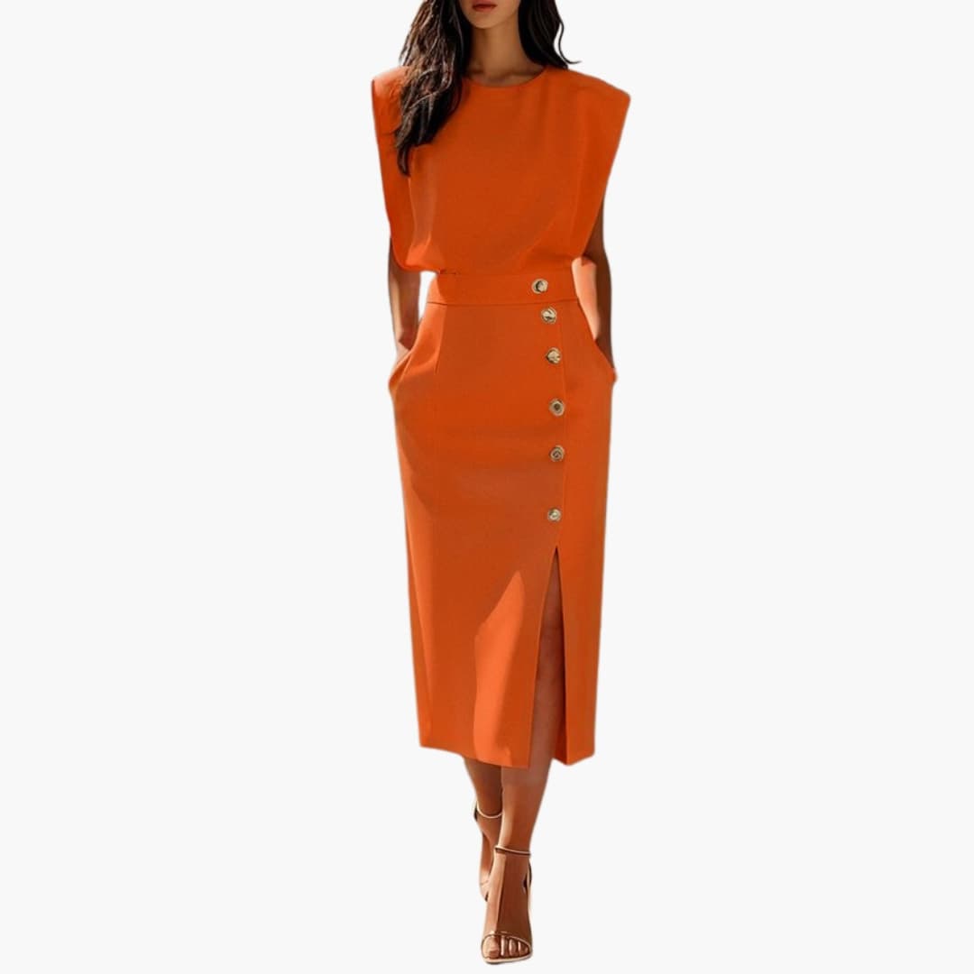 Women's Short Sleeve Midi Dress Round Neck Button Slit