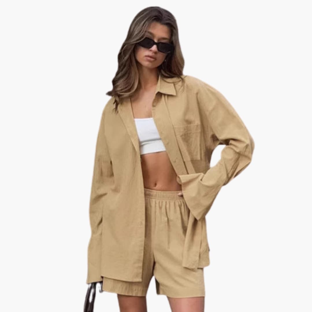 Women's Two-Piece Set Button Shirt And Elastic Shorts - Fashinoza