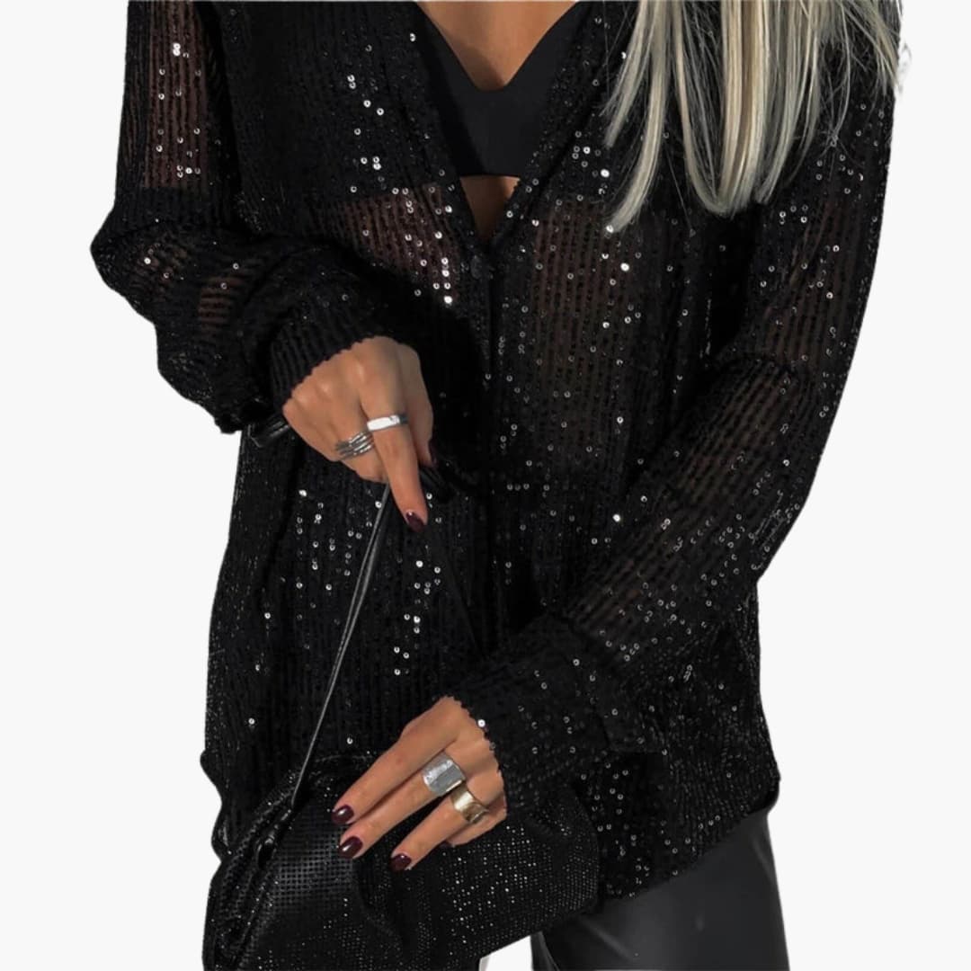 Women's Glitter Blouse Long Sleeve Round Neck Shimmer