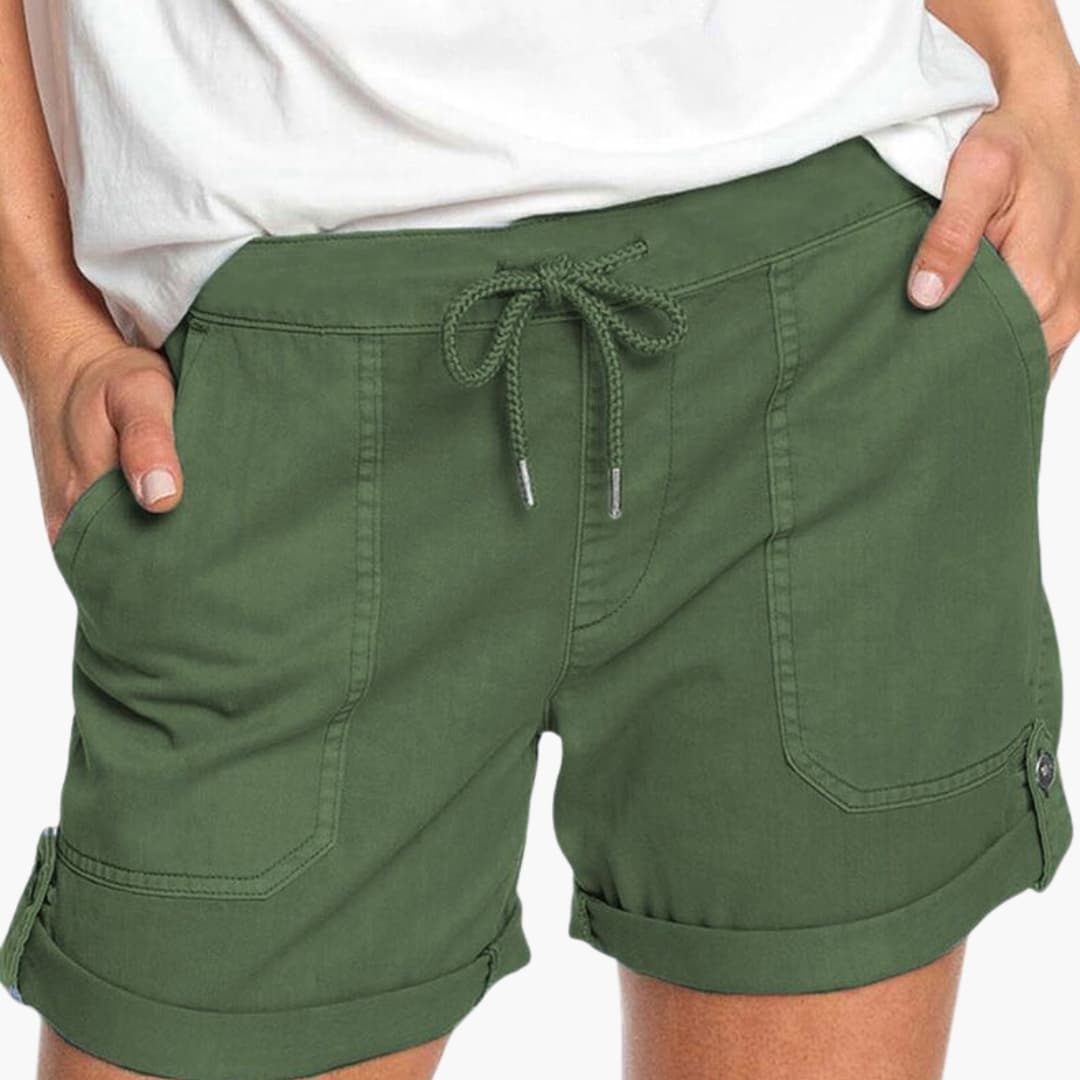Women's Drawstring Shorts Cuffed Hem Cotton Beige