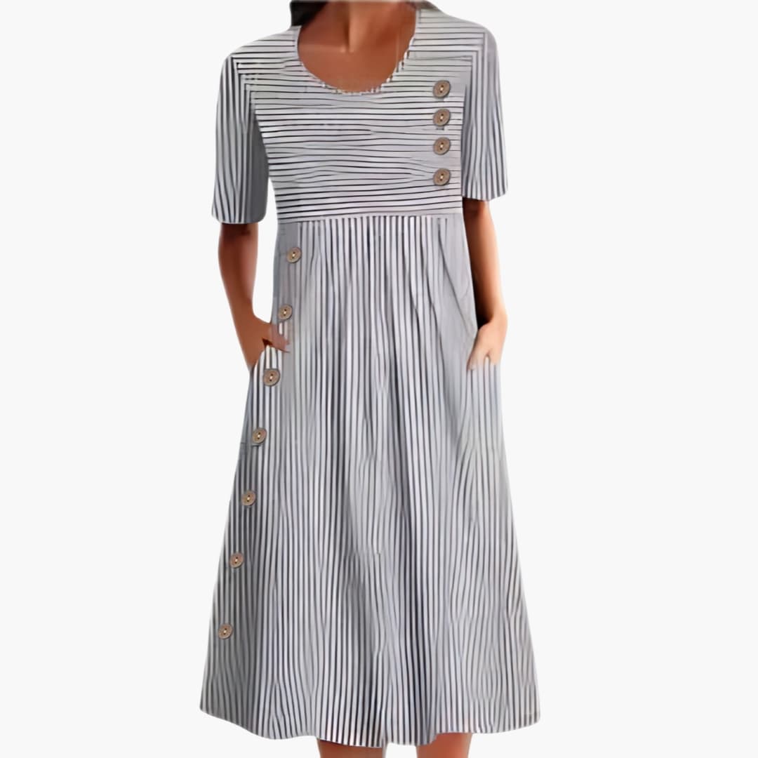Women's Striped Midi Dress 3/4 Sleeve Button Front