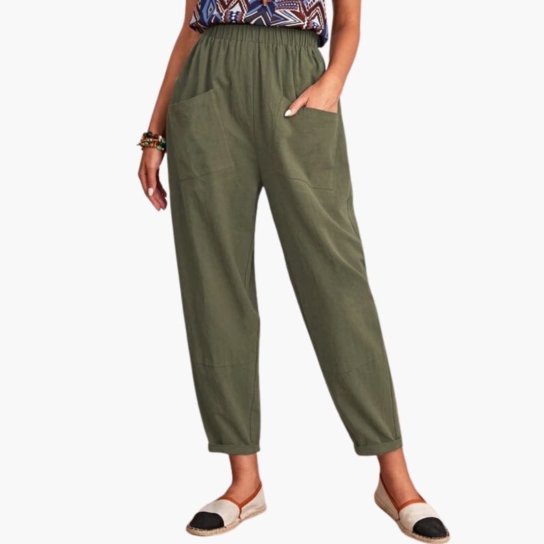 Women's Elastic Waist Pants Loose Full-Length Cotton Trousers