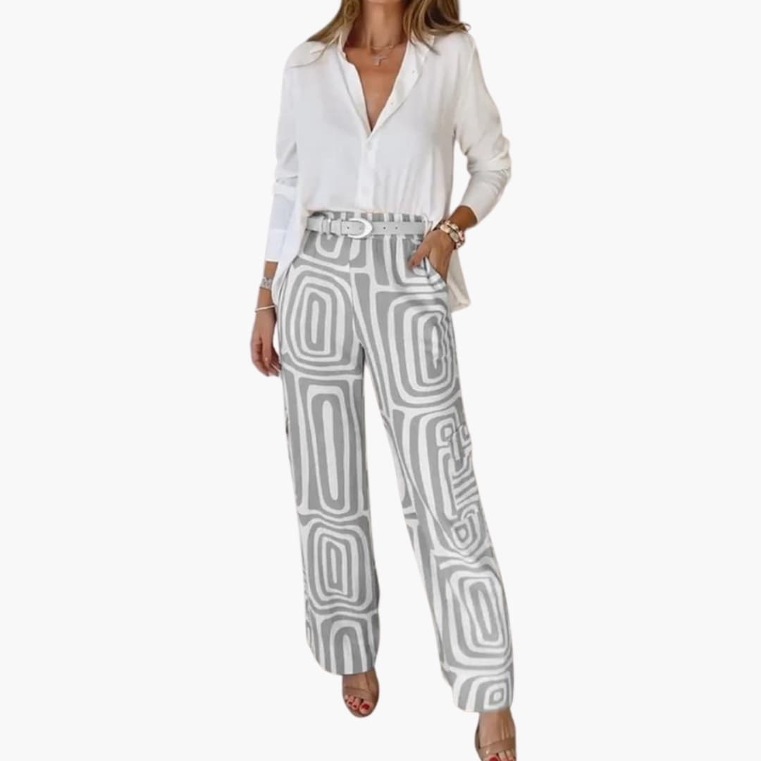 Women's Two-Piece Blouse And Pants Set Long Sleeve Button Down