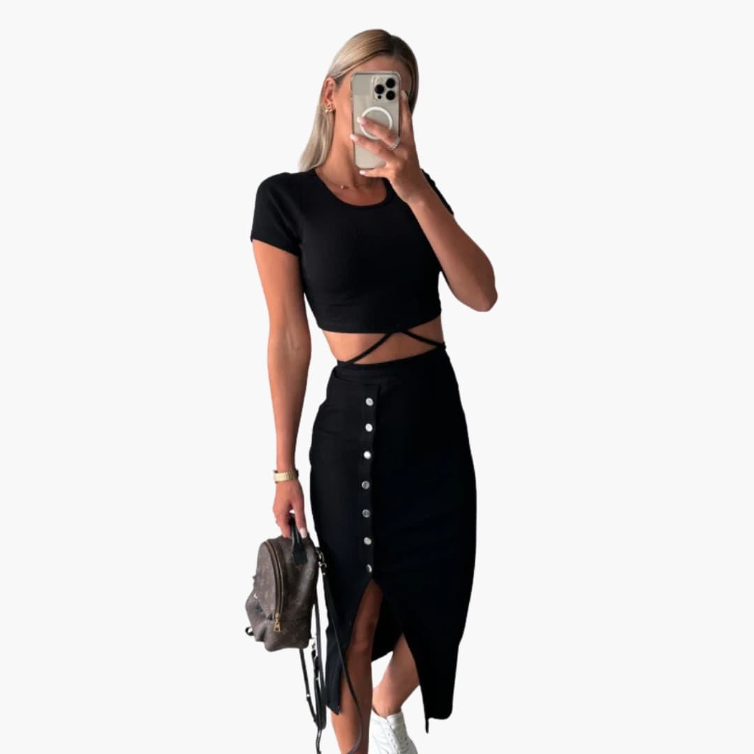 Women's Ribbed Crop Two Piece Set Button Front Skirt