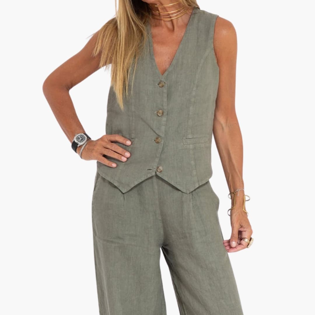 Women's Two-Piece Vest Set V-Neck Button Front