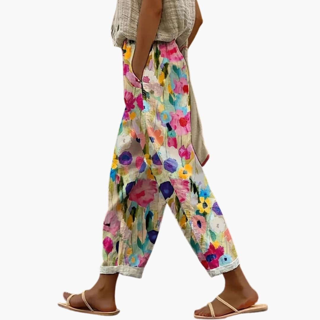 Women's Floral Wide Leg Pants Full-Length Pull-On Trousers