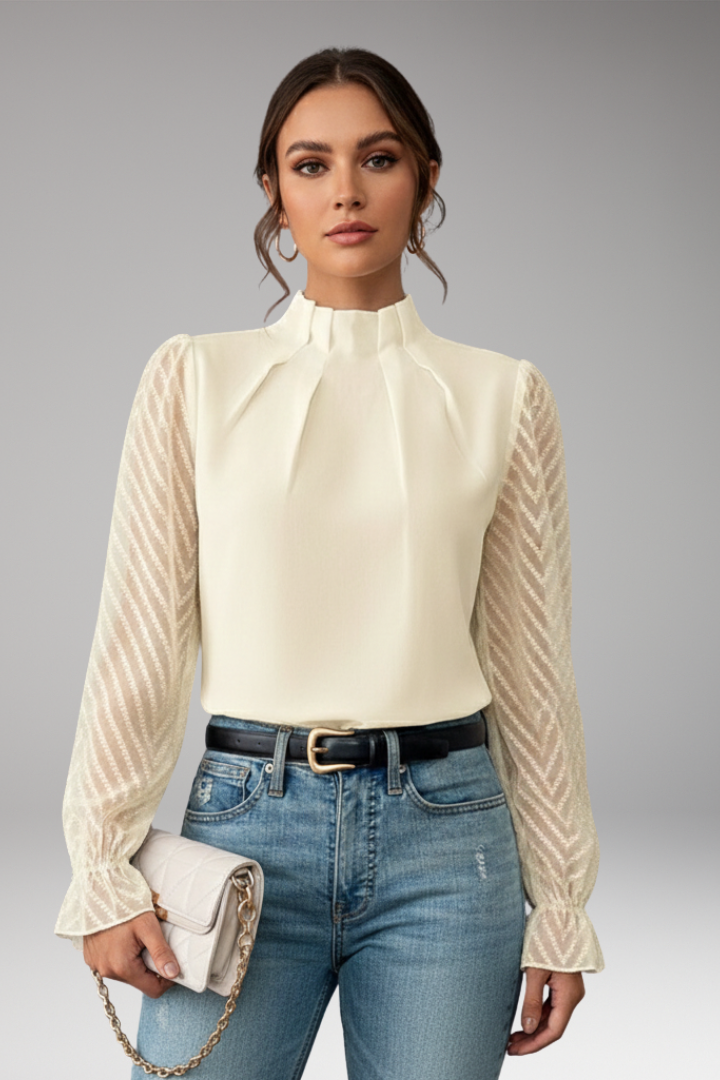 Women's Pleated Collar Blouse Sheer Sleeves