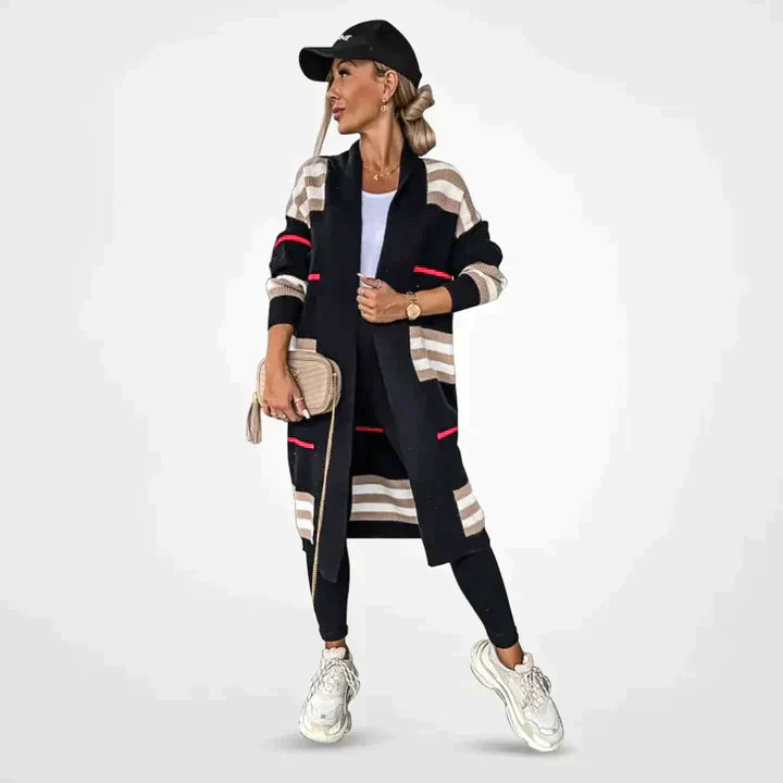 Women's Striped Knit Cardigan Long Sleeves