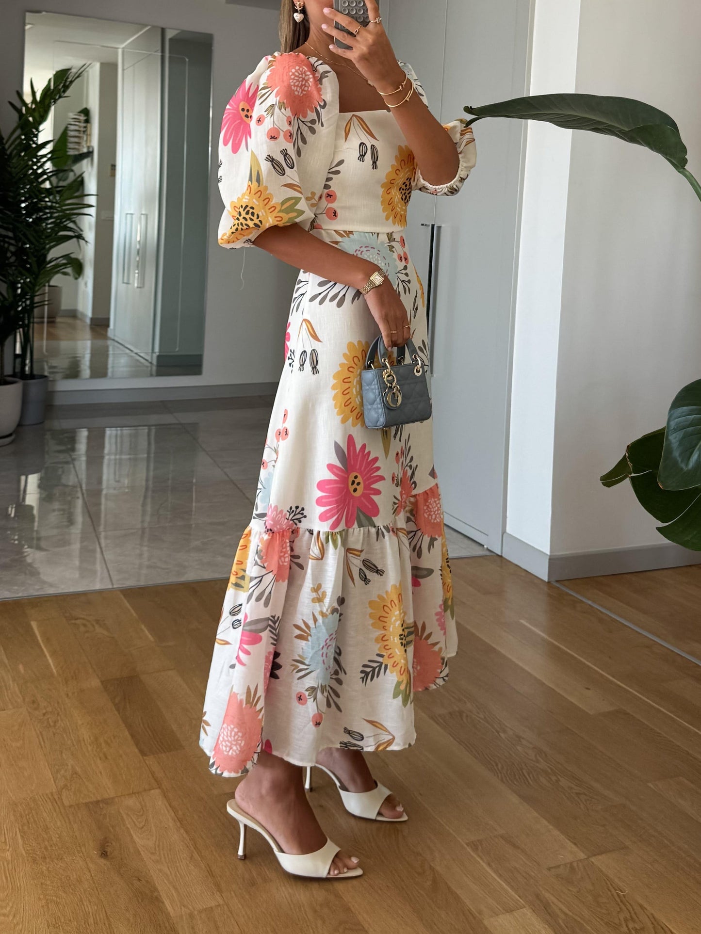 Women's Floral Print Midi Dress Puff Sleeves