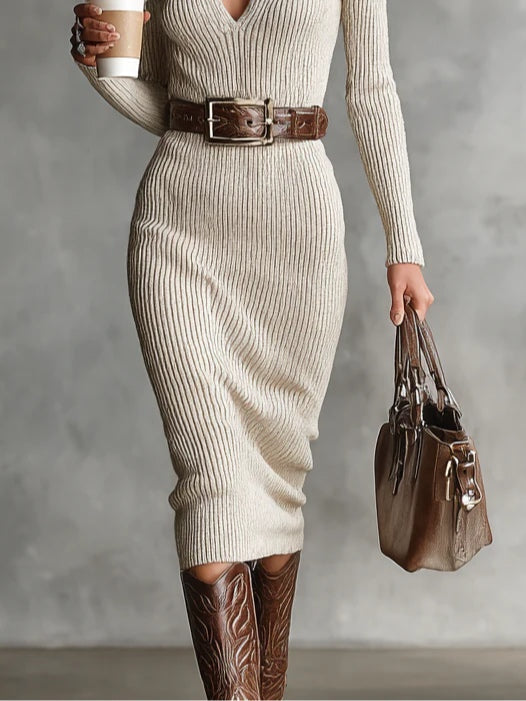 Chic Belted Knit Midi Dress