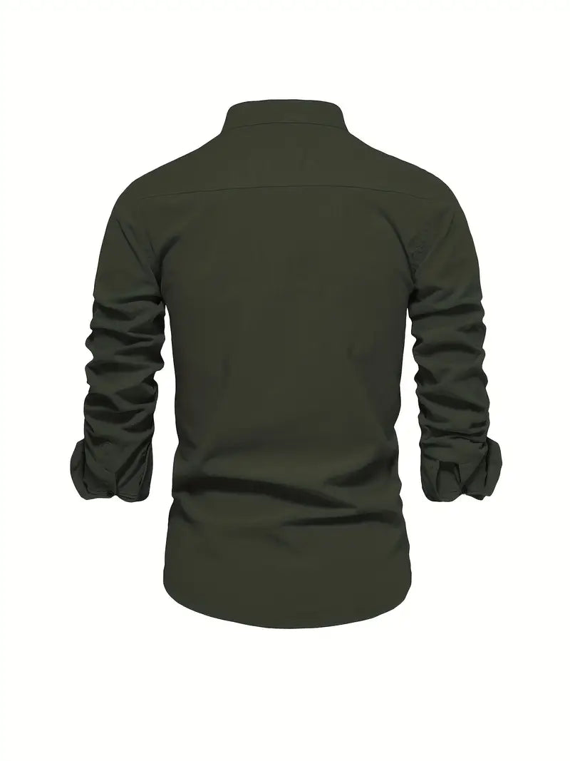 Men's Long Sleeve Button Front Shirt Cotton Band Collar White