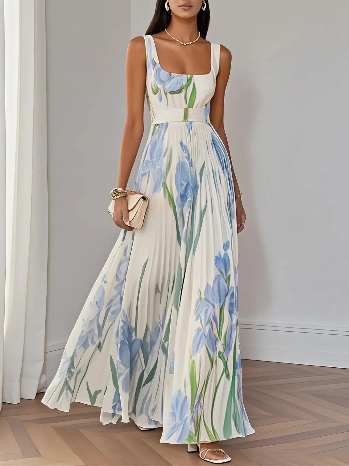 Elinora | Women’s Sleeveless Floral Pleated Maxi Dress