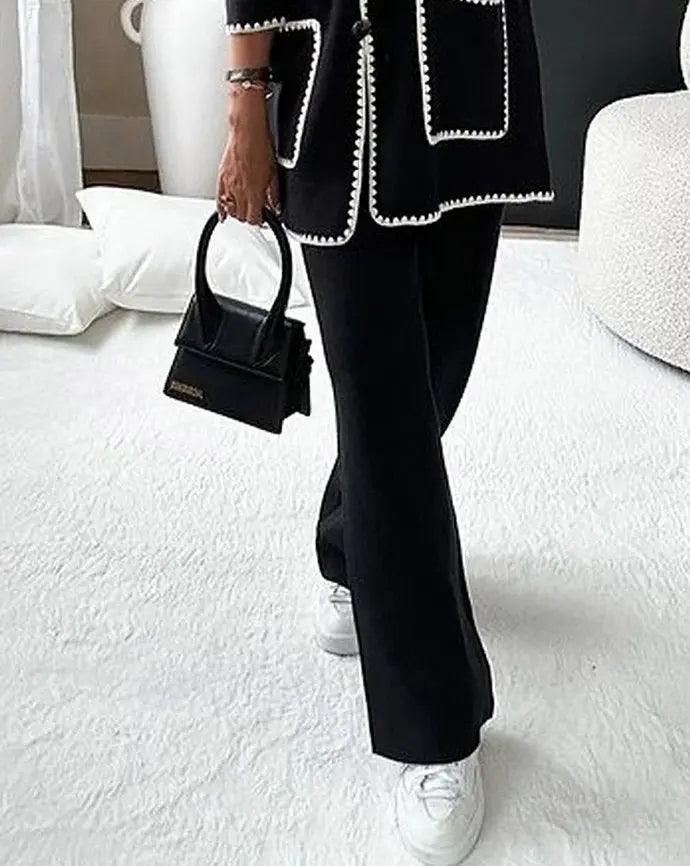 Women's 2 Piece Suit Button Jacket Wide Leg Pants