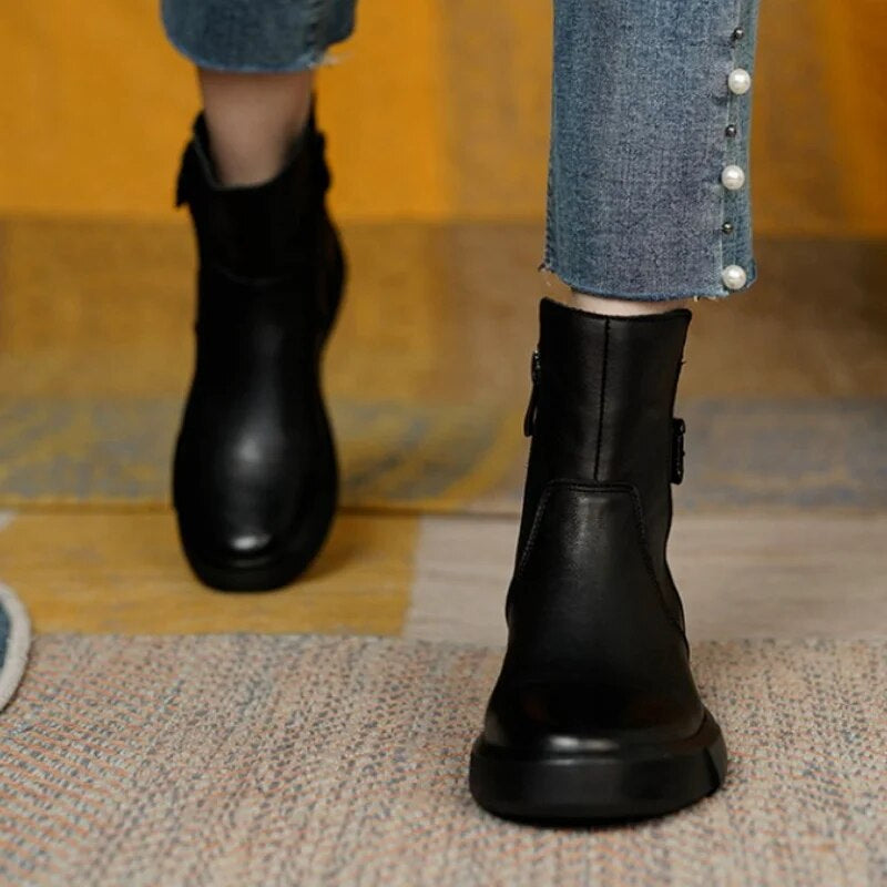 Women's Mid-Ankle Boots Flat Sole Side Buckle Brown
