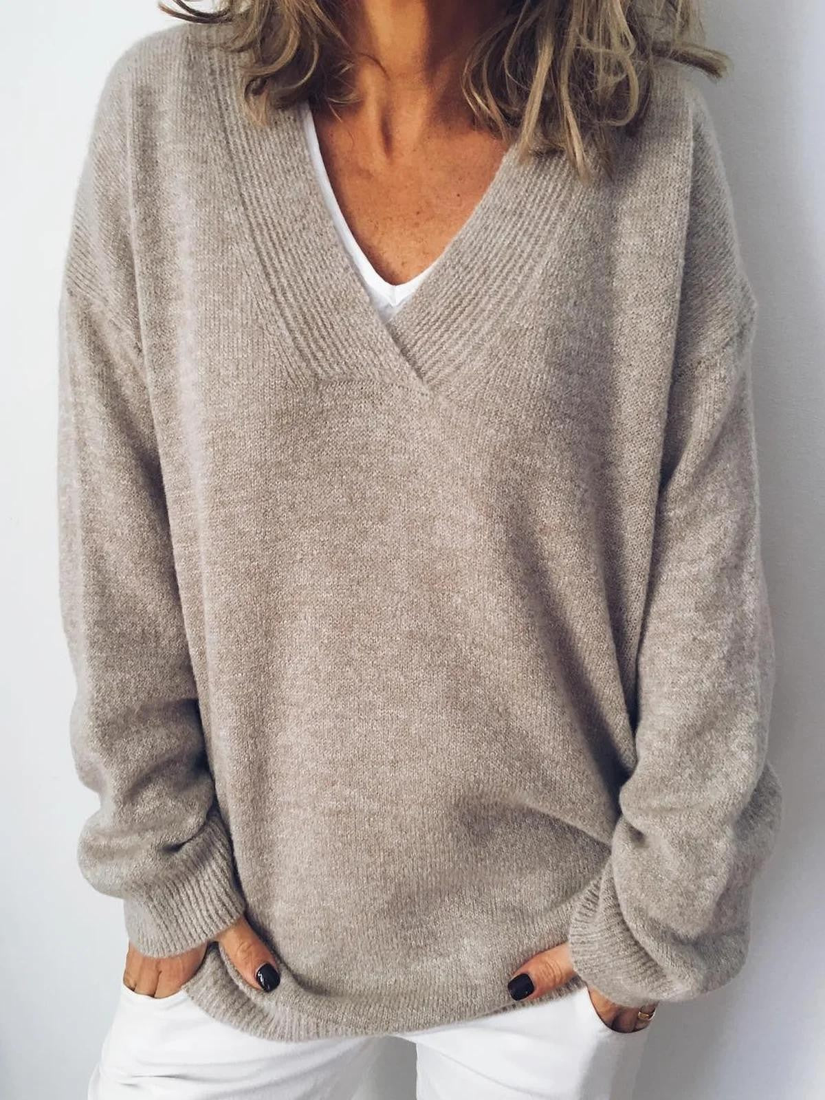Women's V-Neck Long-Sleeve Sweater Solid Apricot - Fashinoza