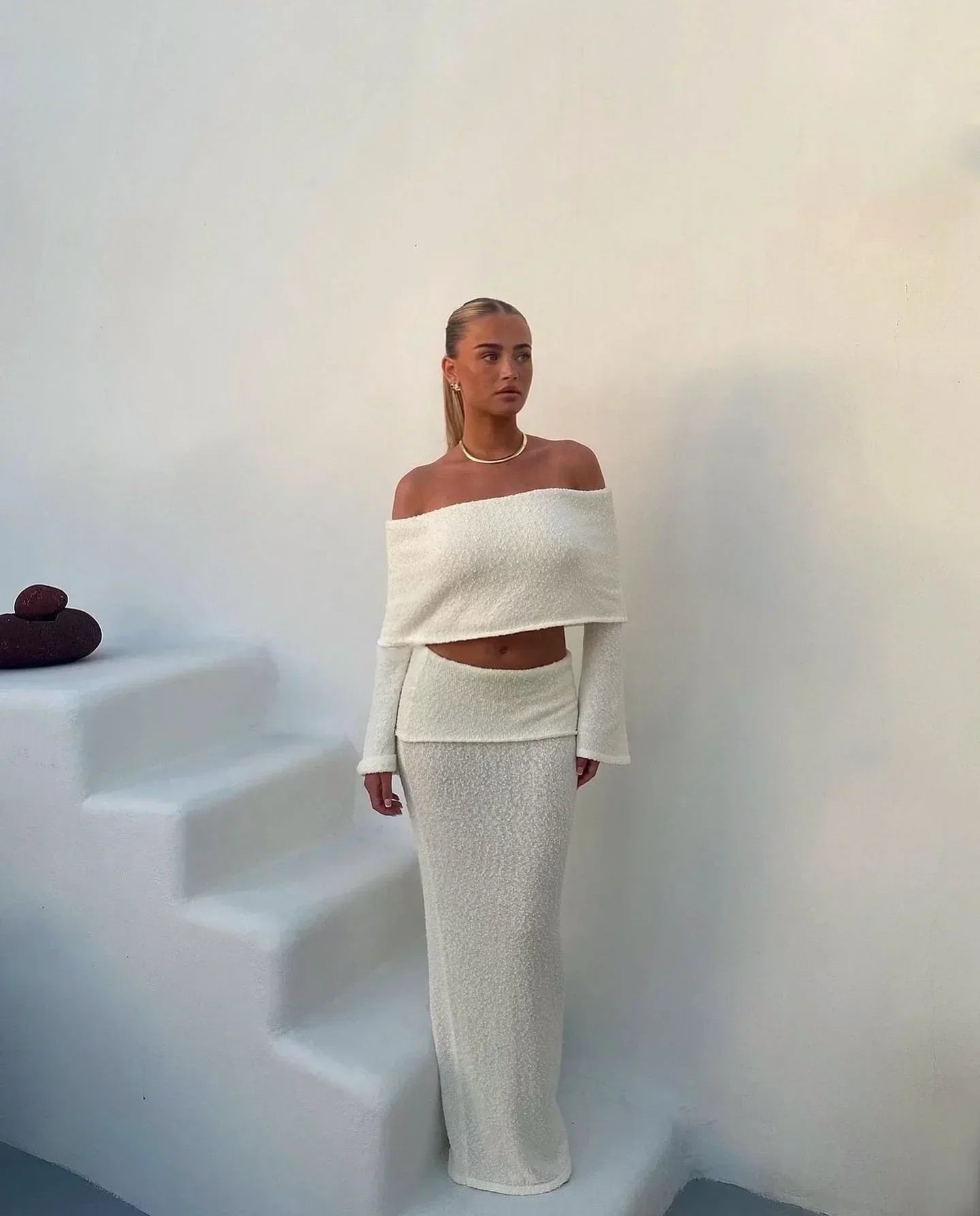 Women's Off Shoulder Two Piece Set Shimmering White