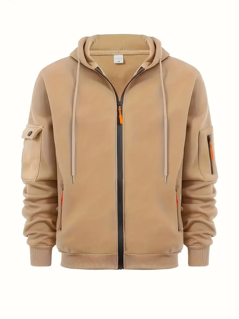 Men's Zip-Up Hoodie Cotton Drawstring Functional Pockets Black