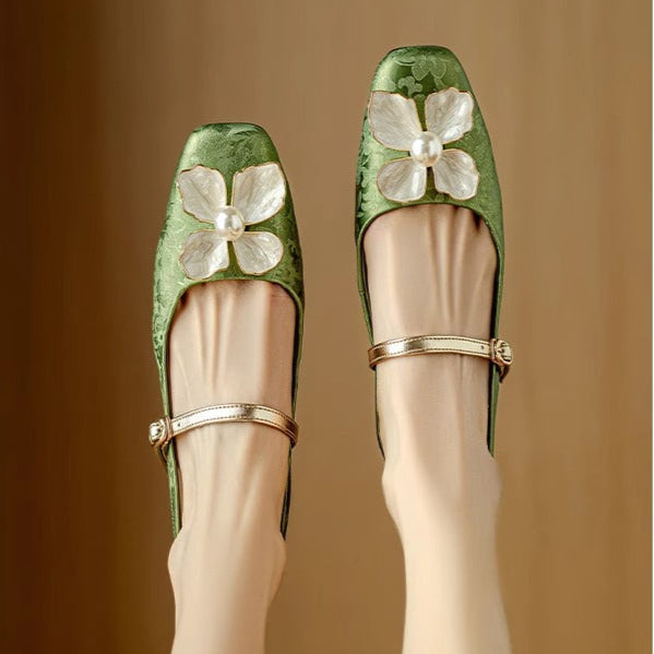 Women's Floral Slingback Pumps Square Toe Block Heel Shoes