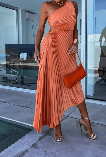 Women's Pleated Maxi Dress Asymmetrical Hemline