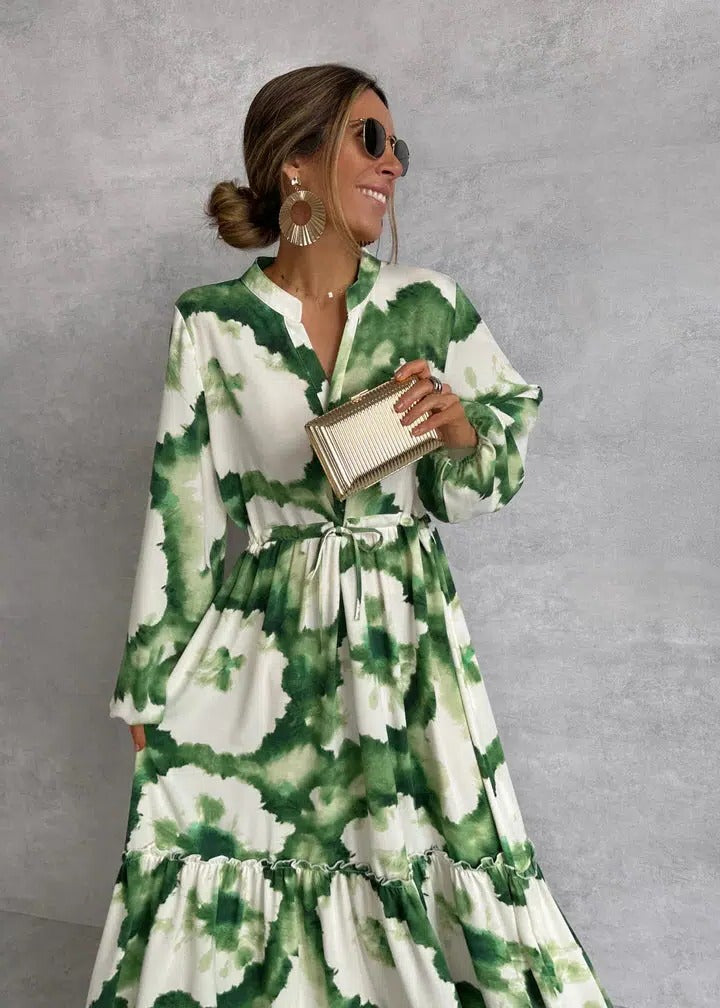 Women's Long Sleeve Maxi Dress Tie-Dye Belted